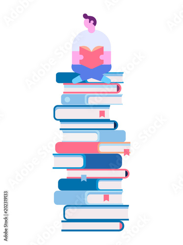 Man sitting and reading on a huge stack of books. Cartoon flat vector illustration isolated on white background.