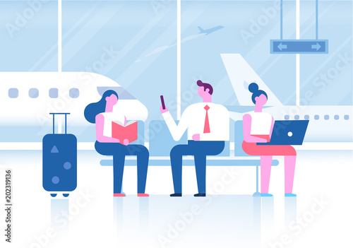 People sitting in airport terminal. Infographics elements. Business travel concept. Flat vector illustration.