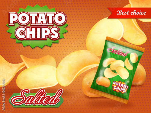 Potato chips. classic package design. Vector ads realistic