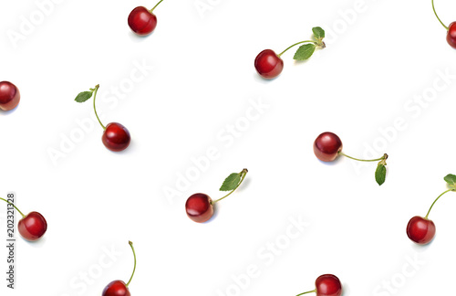 Cherry. Red sweet cherry berries isolated on white background. Flat lay, top view