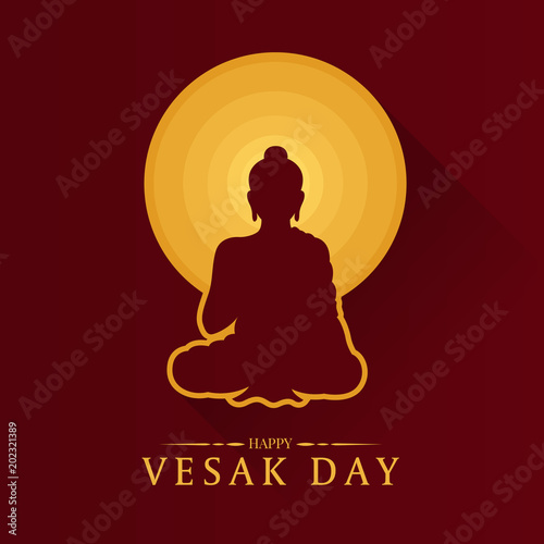 Happy Vesak day banner with Buddha and circle full moon sign vector design