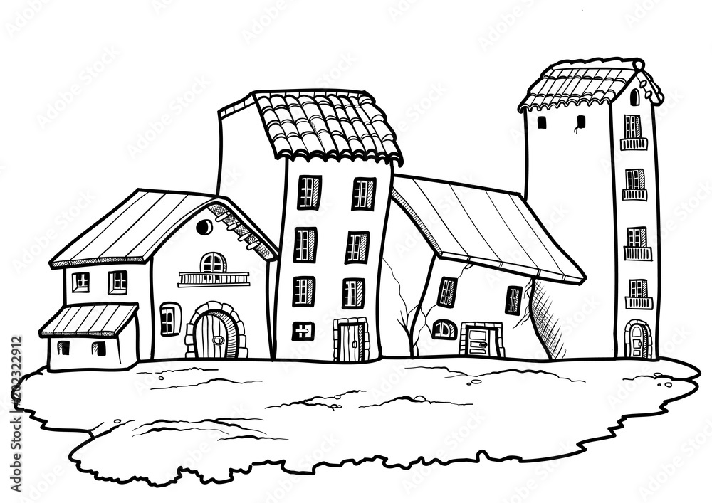 Cartoon style country village in black and white. Vector illustration Stock  Vector | Adobe Stock