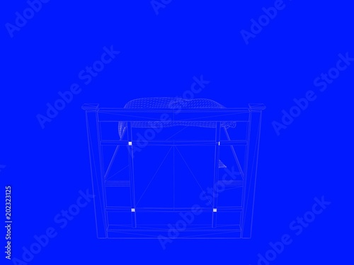 3d rendering of a bed blueprint as lines on a blue background