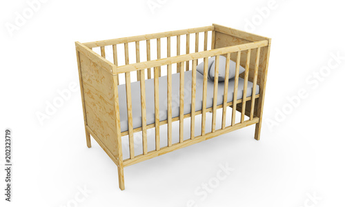 Fototapeta Naklejka Na Ścianę i Meble -  Wooden cot bed isolated on white background. 3d rendering.