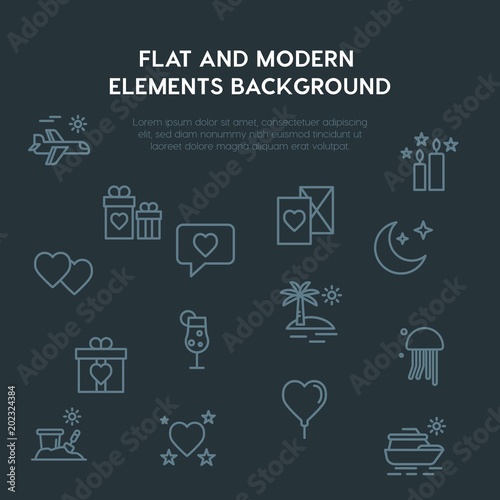 travel, valentine outline vector icons and elements background concept on dark background.Multipurpose use on websites, presentations, brochures and more