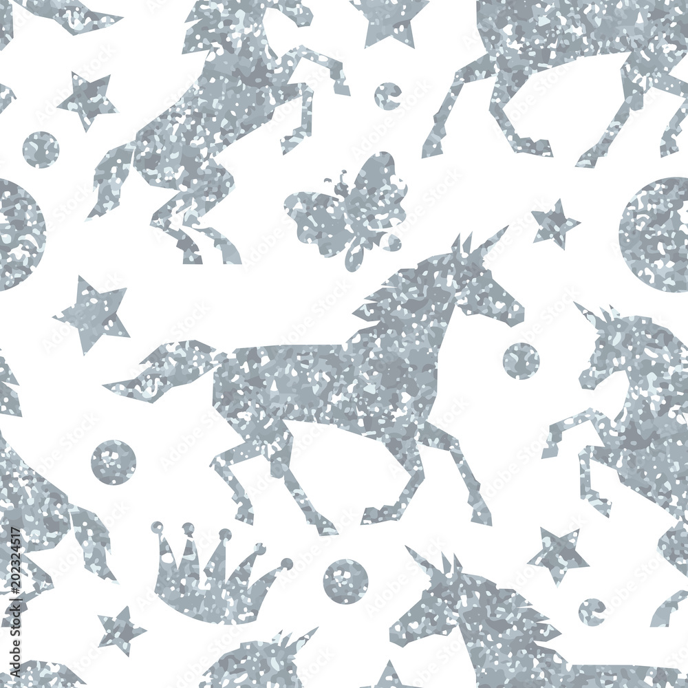 Seamless pattern with unicorns and silver glitter texture