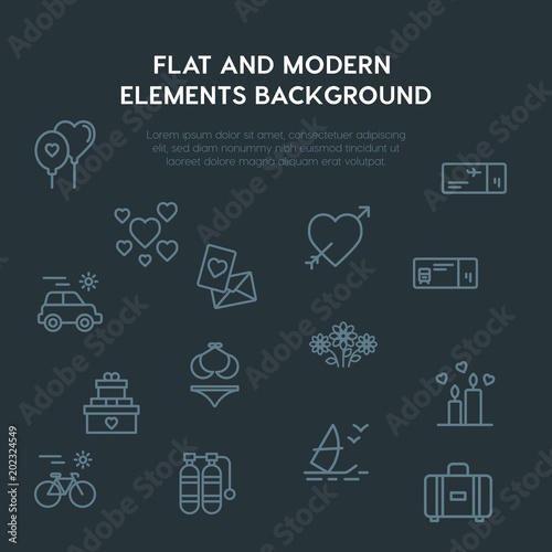 travel, valentine outline vector icons and elements background concept on dark background.Multipurpose use on websites, presentations, brochures and more