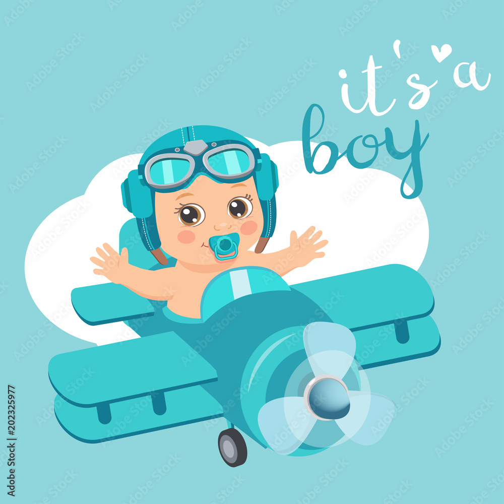 It's A Boy Beautiful Vector Card. Cute Airplane With Arrival Boy