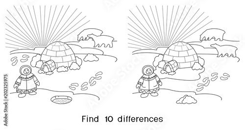 Find ten differences. Game for children with northern landscape with polar animals