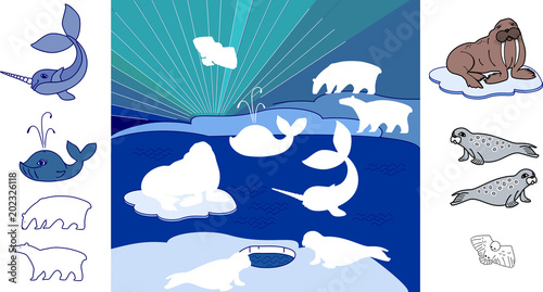 Find the right shade. Educational children matching game with northern landscape with different polar animals