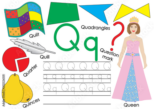 Letter Q. Learning English alphabet. Writing practice of capital and small letters. Vector illustration.