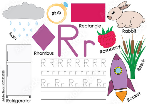 Letter R. Card with pictures and writing practice for preschool children. Learning English language.
