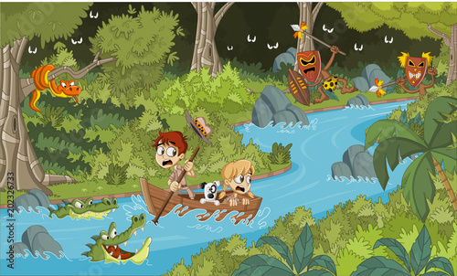 Wild forest with cartoon children on a boat. Adventure on dangerous jungle.