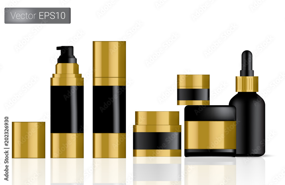 Mock up Realistic Black and Gold Vector Bottles Set Background Illustration. Packaging Concept. Mock up Realistic Black and Gold Vector Bottles Set Background Illustration. Packaging Concept.