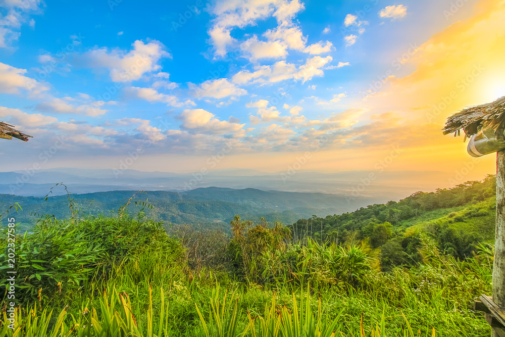 Beautiful sunrise view at mon jam mountain , famous travel location in chiangmai , Thailand Beautiful sunrise view at mon jam mountain , famous travel location in chiangmai , Thailand