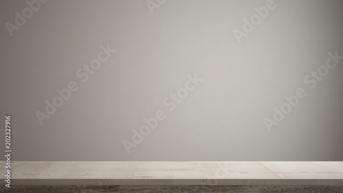 Empty interior design concept, wooden vintage table or shelf closeup, zen mood, white architecture background