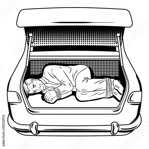 Kidnapped man in car trunk coloring book vector