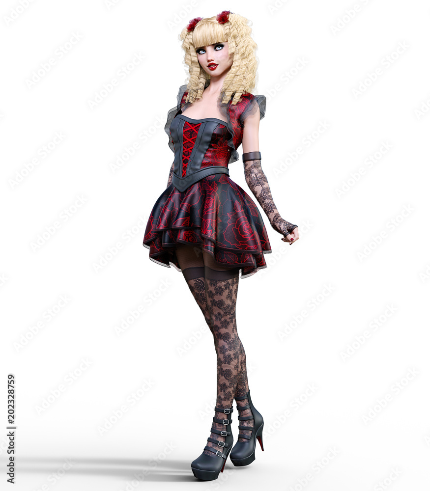 Young beautiful girl with doll face posing photo shoot. Short dark red dress, stockings, shoes. Long blonde hair. Bright goth make up. Conceptual fashion art. Realistic 3D render illustration.
Young beautiful girl with doll face posing photo shoot. Short dark red dress, stockings, shoes. Long blonde hair. Bright goth make up. Conceptual fashion art. Realistic 3D render illustration.