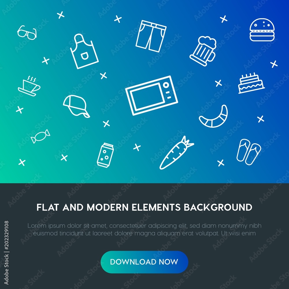 Fotografie food, clothes, drinks outline vector icons and elements background concept on gradient background