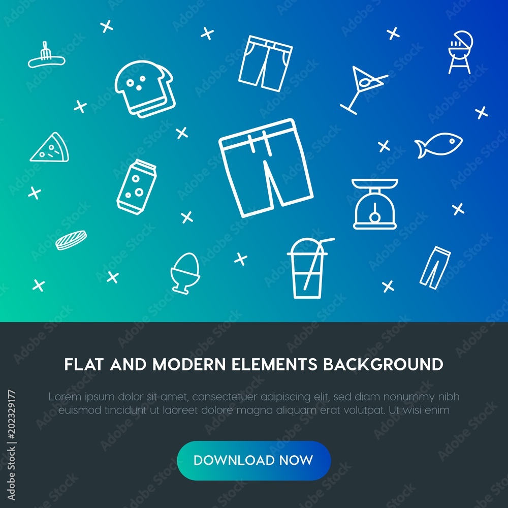 Fotografie food, clothes, drinks outline vector icons and elements background concept on gradient background