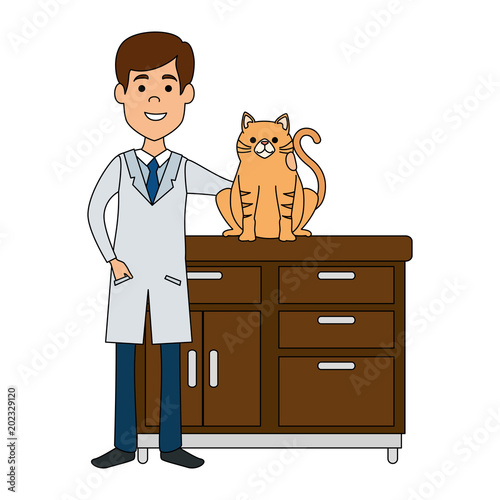 veterinary doctor with cat in drawer avatar character vector illustration design