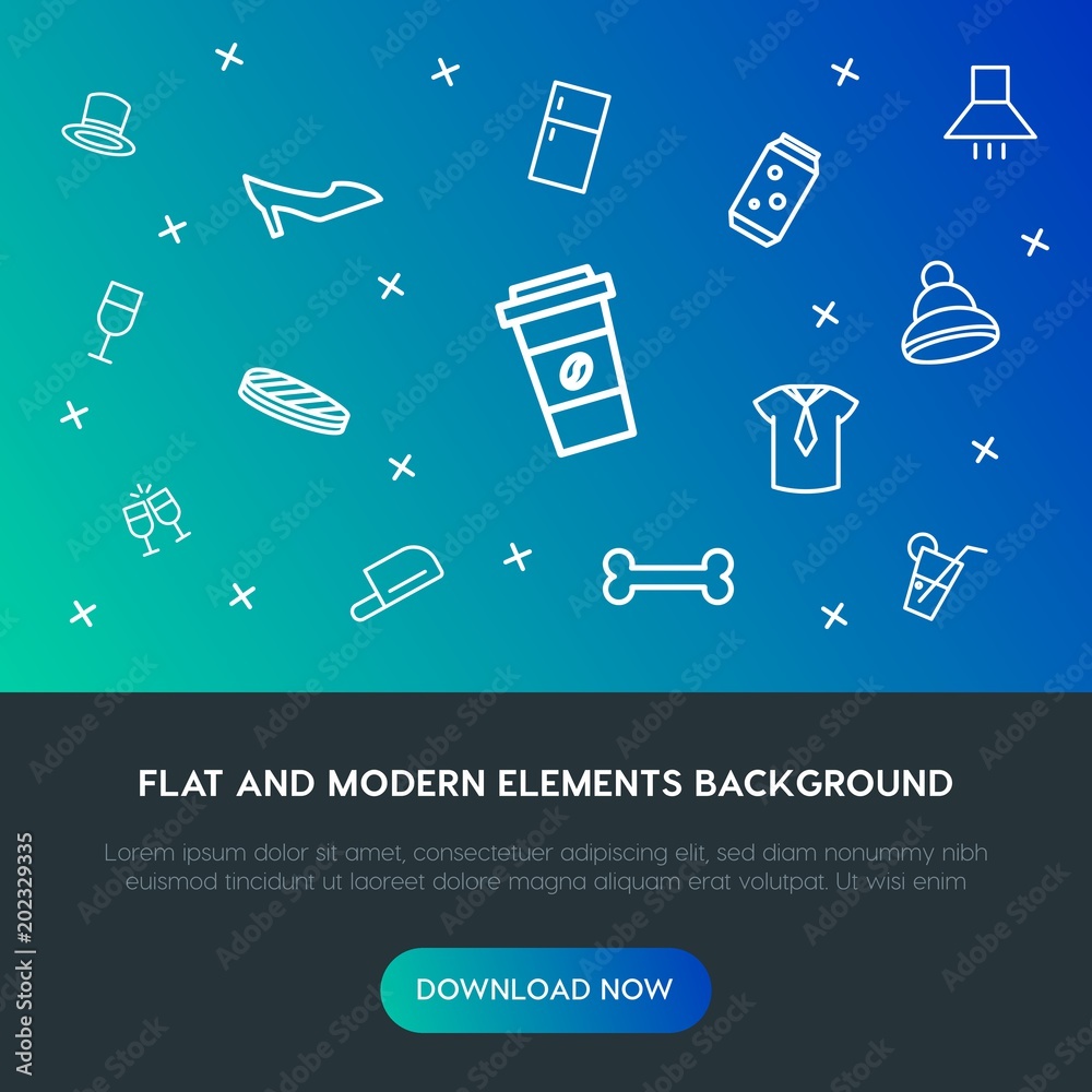 Fotografie food, clothes, drinks outline vector icons and elements background concept on gradient background