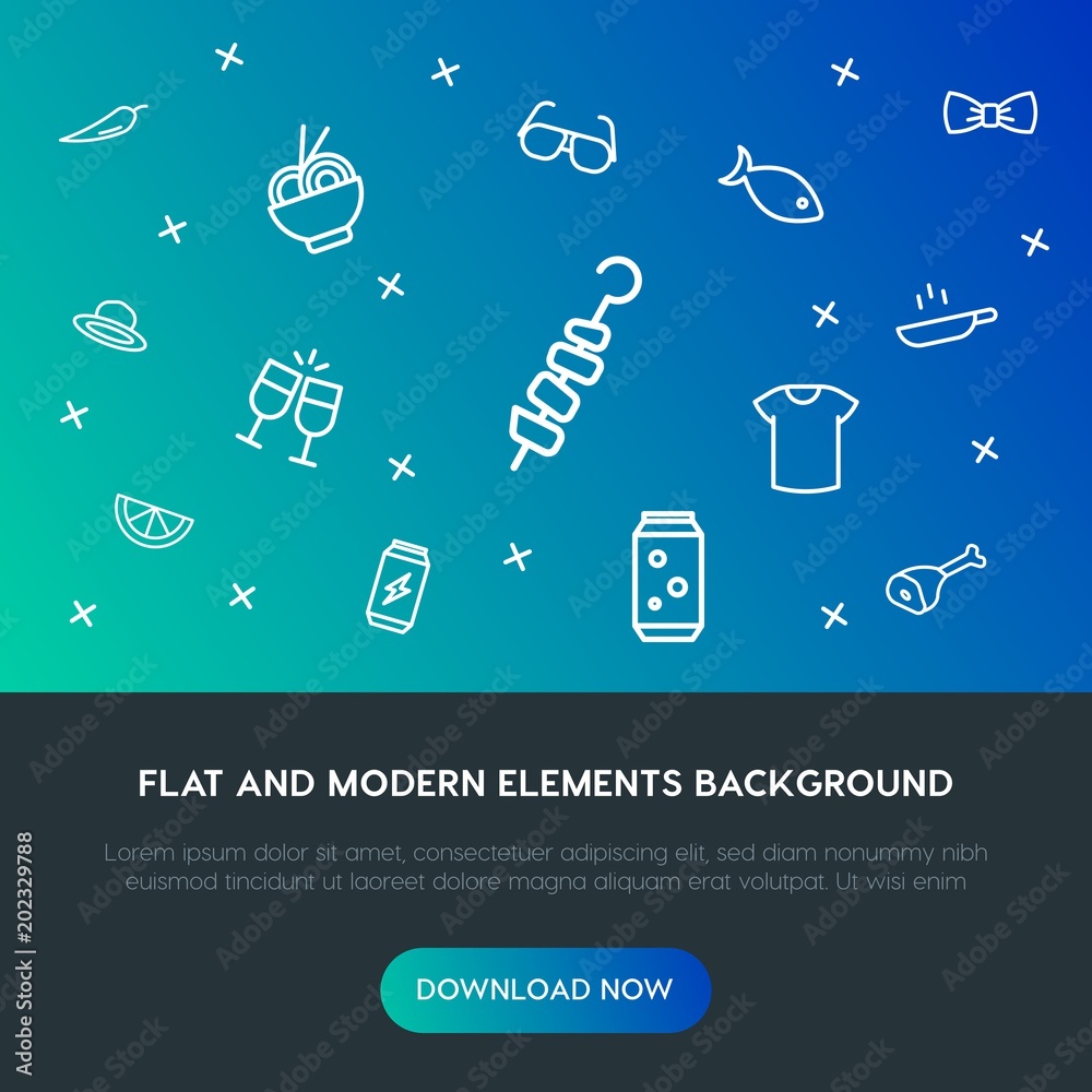 Fotografie food, clothes, drinks outline vector icons and elements background concept on gradient background