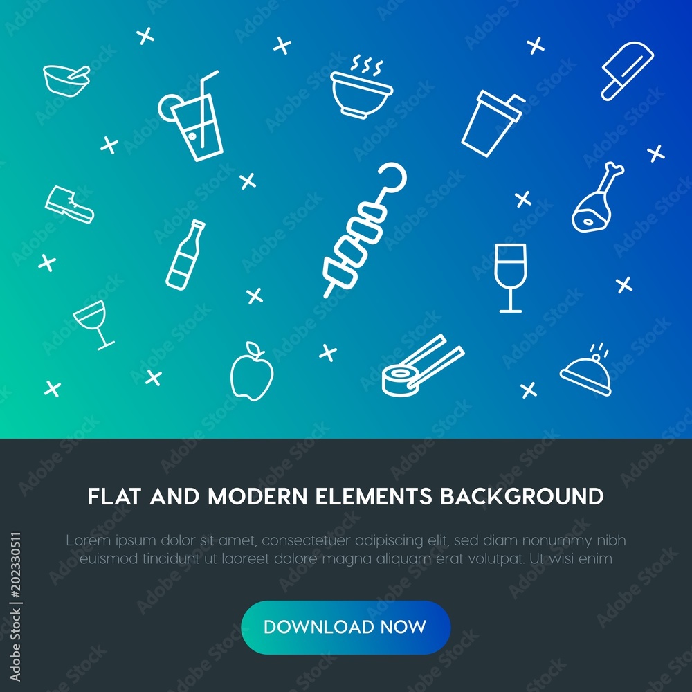 Fotografie food, clothes, drinks outline vector icons and elements background concept on gradient background