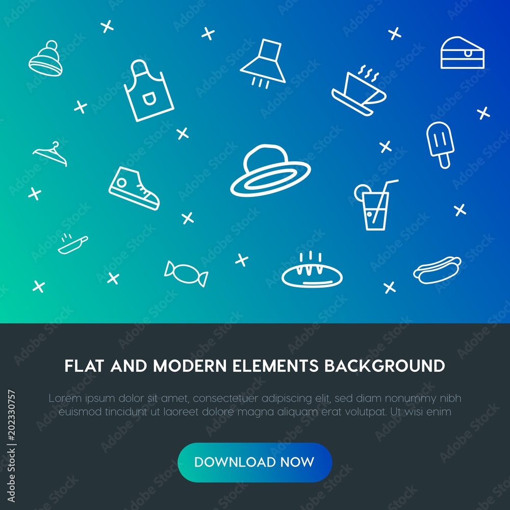 Fotografie food, clothes, drinks outline vector icons and elements background concept on gradient background