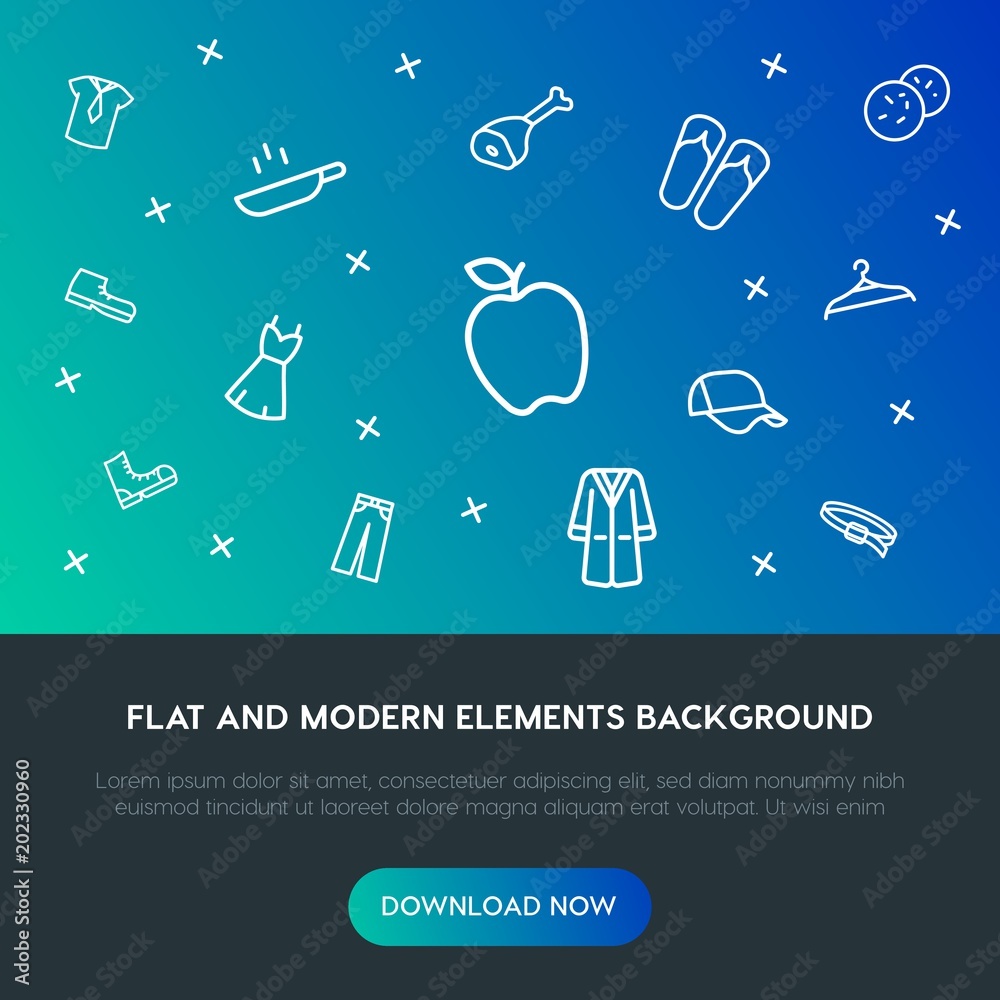 Fotografie food, clothes, drinks outline vector icons and elements background concept on gradient background
