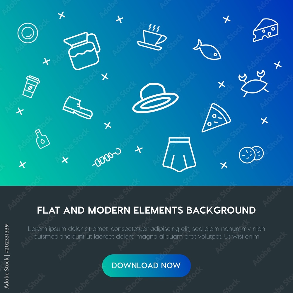 Fotografie food, clothes, drinks outline vector icons and elements background concept on gradient background
