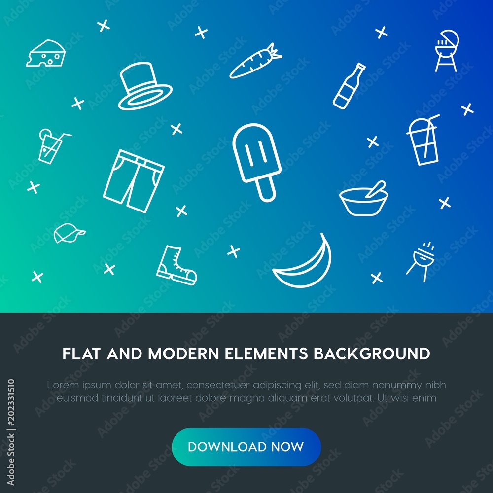 Fotografie food, clothes, drinks outline vector icons and elements background concept on gradient background