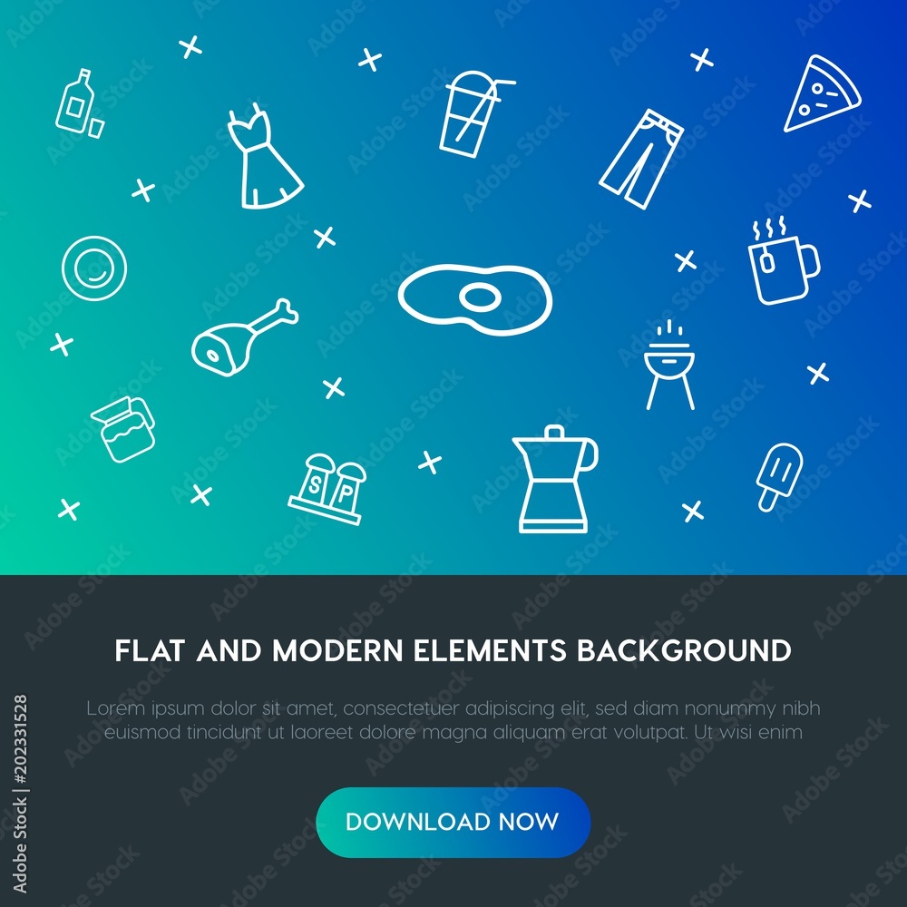 Fotografie food, clothes, drinks outline vector icons and elements background concept on gradient background