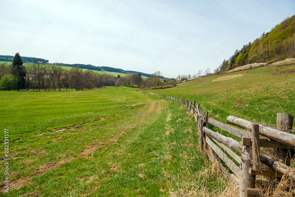 Countryside landscape with lush green grass and wooden fence