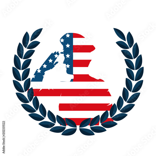 silhouette of military saluting with USA flag and wreath vector illustration