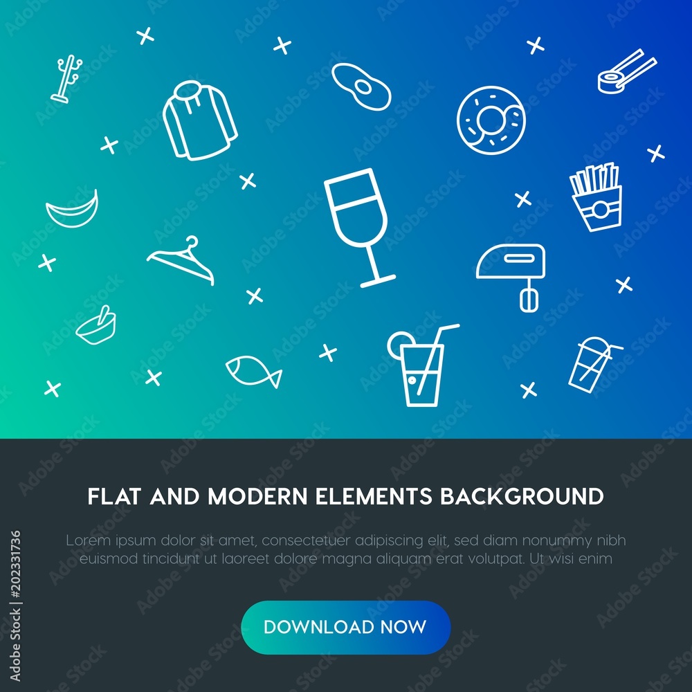 Fotografie food, clothes, drinks outline vector icons and elements background concept on gradient background