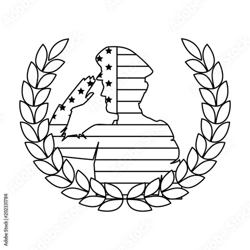 silhouette of military saluting with USA flag and wreath vector illustration