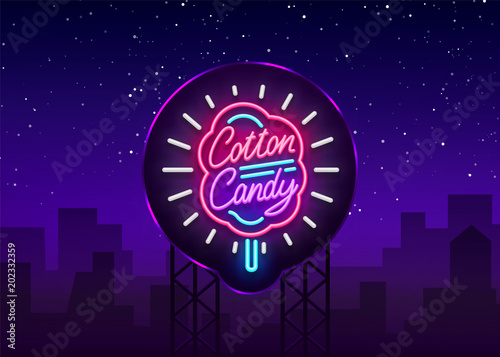 Cotton candy neon sign. Cotton candy logo in neon style symbol banner light, bright cotton candy night advertising, billboard. Design template. Vector illustration. Billboard