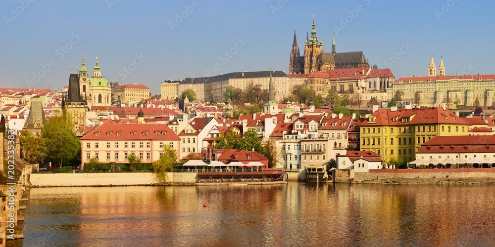 View of Prague Castle, Lesser Town and River Vltava in the Spring Morning, Prague, Czech Republic, Europe