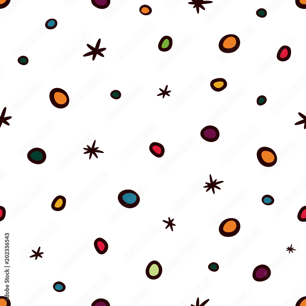 Seamless pattern of multicolored cartoon circles and sparkles