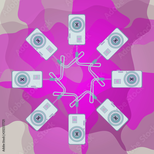 Vector illustration of digital cameras with WiFi and with wrist straps on a pink background. Flat style.