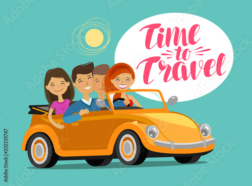 Happy friends riding retro car on journey. Travel concept. Funny cartoon vector illustration