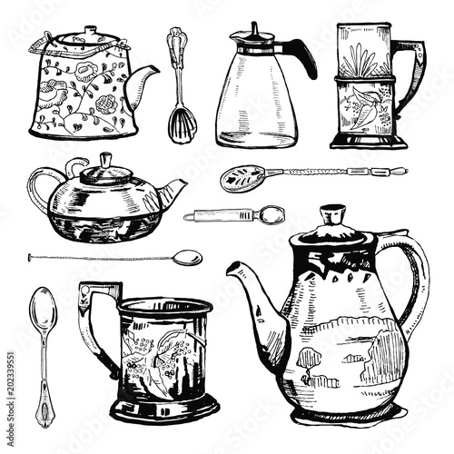 Vector hand drawn ink set of tea accessories. Spoons, kettles and glasses black on white background