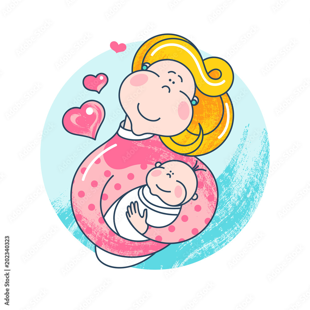 Logo isolated on white background. Happy mother with baby on hands. Logo isolated on white background. Happy mother with baby on hands.