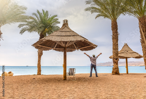 Fototapeta Naklejka Na Ścianę i Meble -  Morning at central public beach of Eilat - famous resort city in Israel