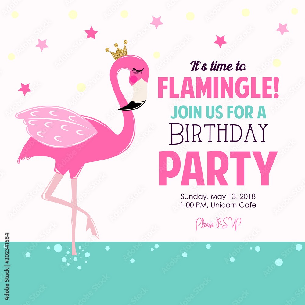 Fototapeta premium Zaproszenie na urodziny słodkie flamingo