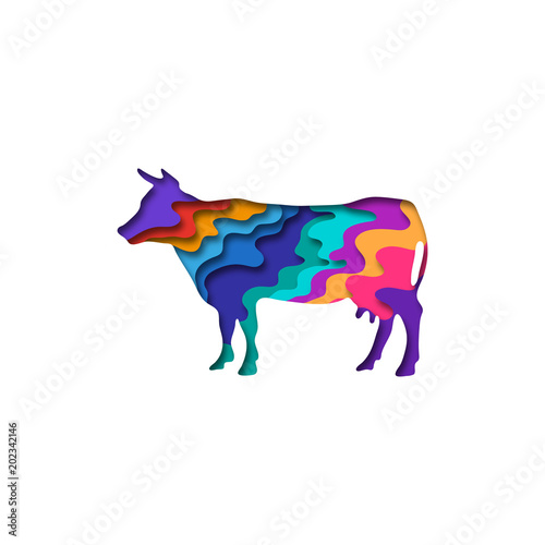 Paper cut cow shape 3D origami. Trendy concept fashion design. Vector illustration