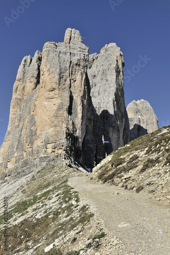 Drei Zinnen im Hochpustertal, aus Richtung Dreizinnenhütte, Sexten, Sextener Dolomiten, Südtirol, Italien, Europa