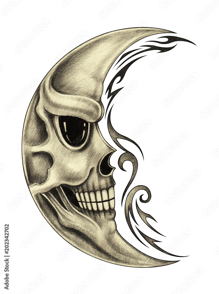 Art Design Moon Skull Tattoo. Hand pencil drawing on paper. Stock  Illustration | Adobe Stock