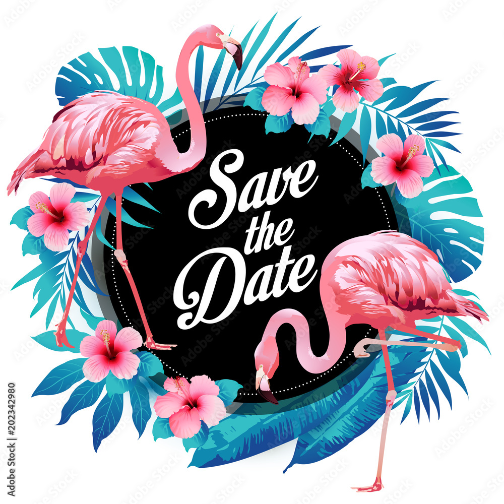 Obraz premium Niebieskie lato tropikalnych liści palmowych z egzotycznymi kwiatami flaminga i hibiskusa. Kwiatowy tło wektor.